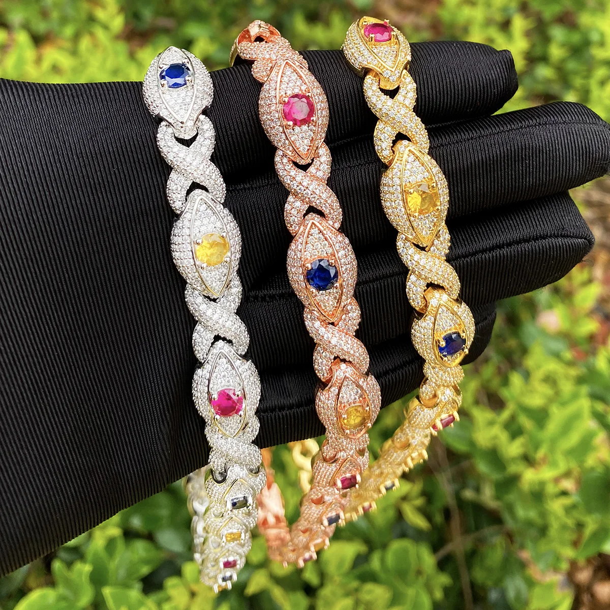 Bubble Letter Iced Out Colorful Eye Infinity Link Chain for Men Necklace Choker Real Gold Plated Cubic Zirconia Hip Hop Jewelry