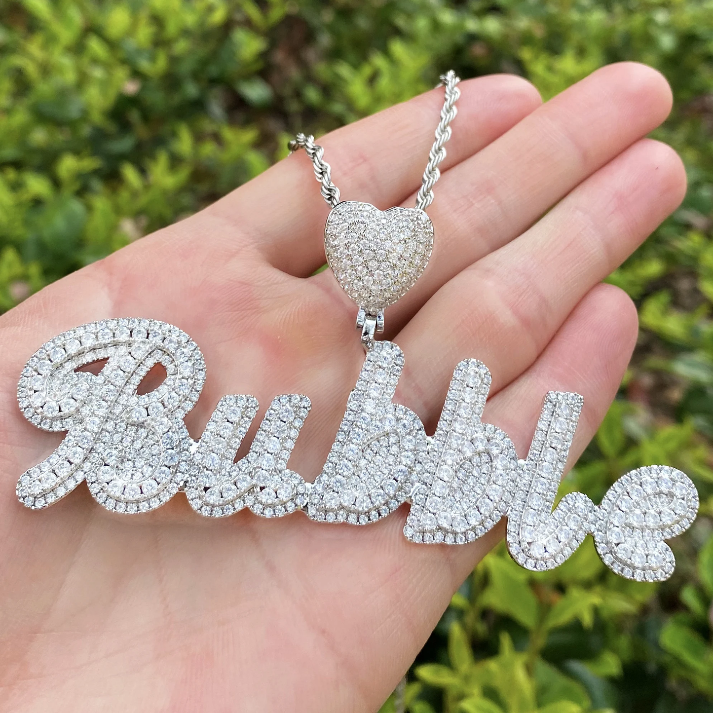 Bubble Letter Iced Out Custom Name Necklace Pendant for Men Heart Bail Real Gold Plated Hip Hop Jewelry