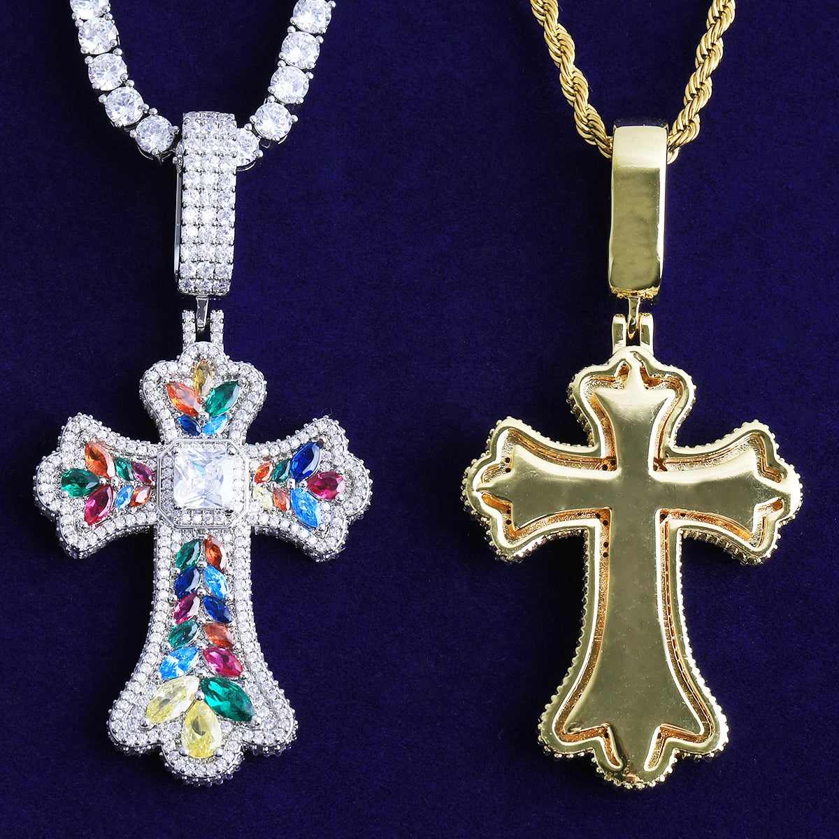 Bubble Letter Iced Out Colorful Cubic Zirconia Cross Necklace Pendant for Men Real Gold Plated 5A Grade Hip Hop Jewelry