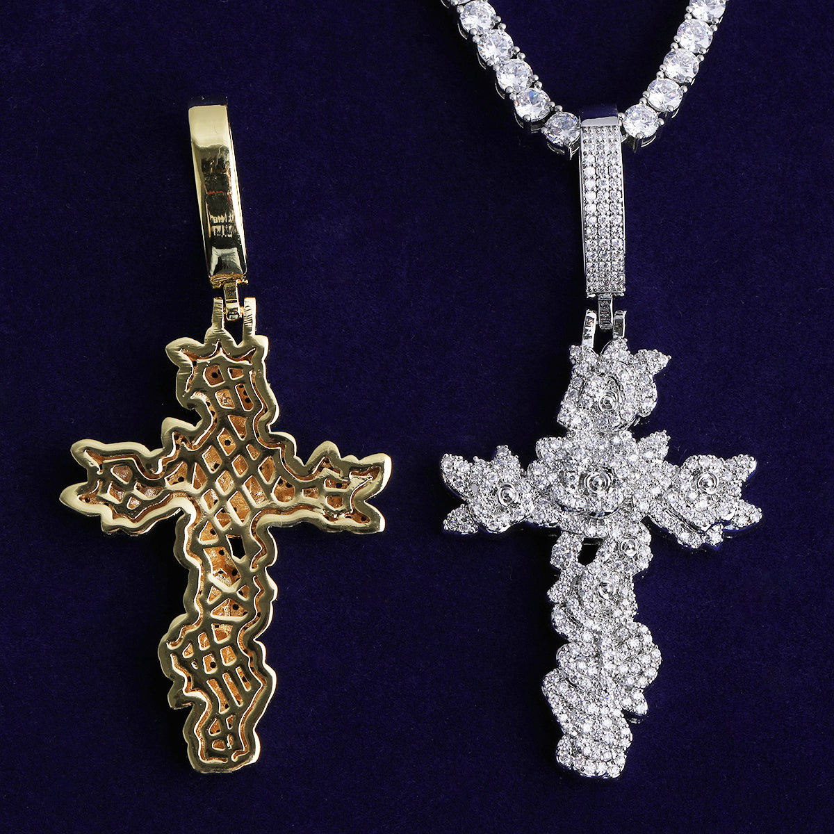 Bubble Letter Iced Out Rose Flower Cross Necklace Pendant for Women Real Gold Plated 5A Cubic Zirconia Hip Hop Jewelry