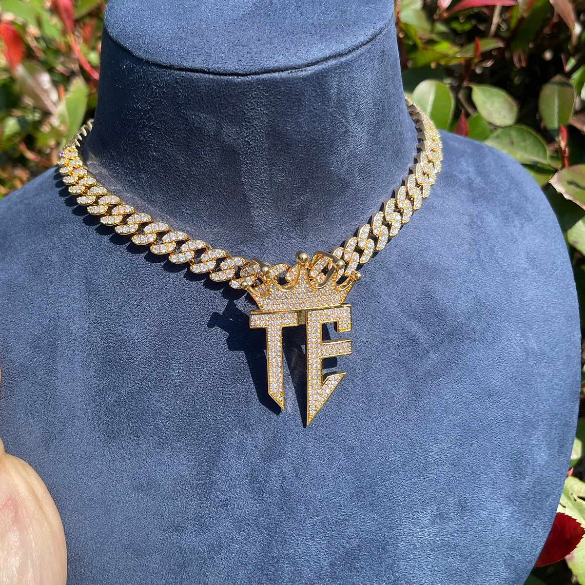Bubble Letter Iced Out TE Necklace Pendant for Women Prong Cubic Zirconia Real Gold Plated Hip Hop Jewelry