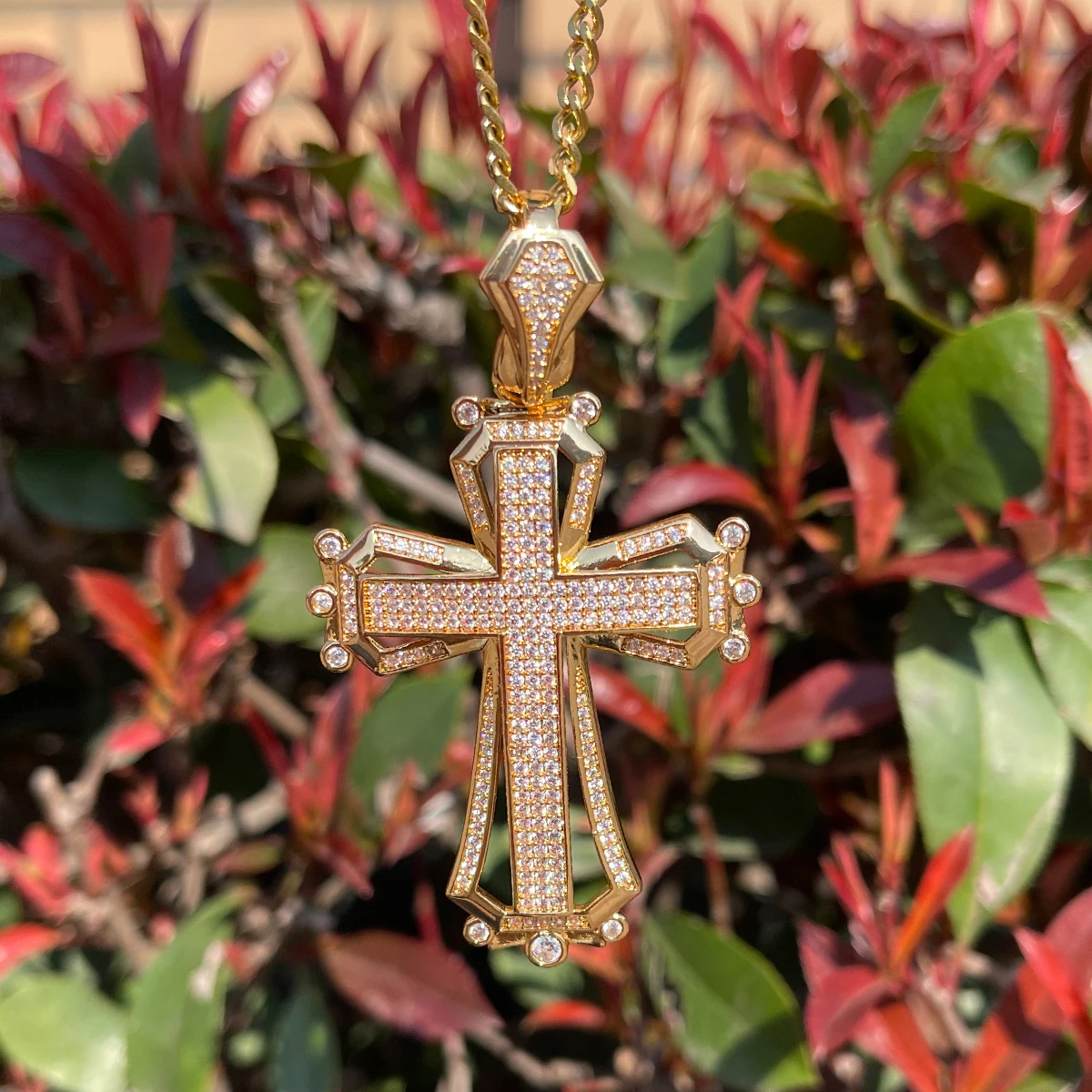 Bubble Letter Iced Out Cross for Men Cubic Zirconia Prong Setting Hollow Shape Real Gold Plated Hip Hop Jewelry 2023 Trend