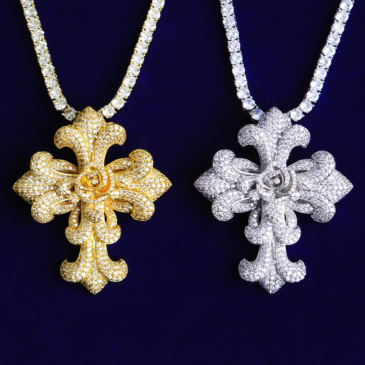 Bubble Letter Iced Out Rose Flower Cross Necklace Pendant for Men Prong Setting 5A Cubic Zirconia Hip Hop Jewelry