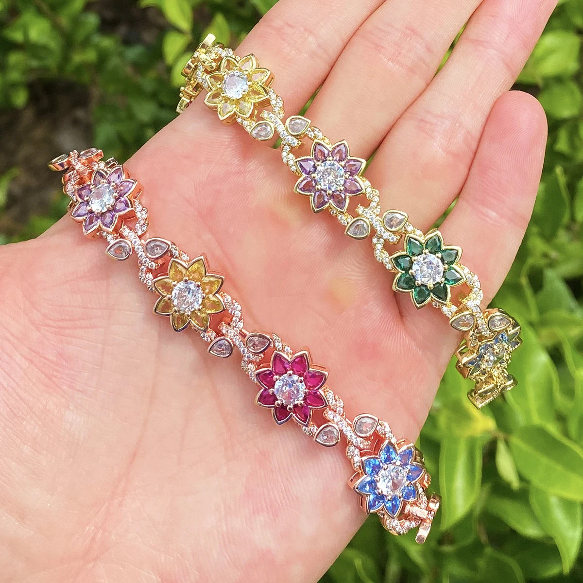 Bubble Letter Iced Out Colorful Flower leaves Bracelet for Women Prong Setting Real Gold Plated Hip Hop Jewelry