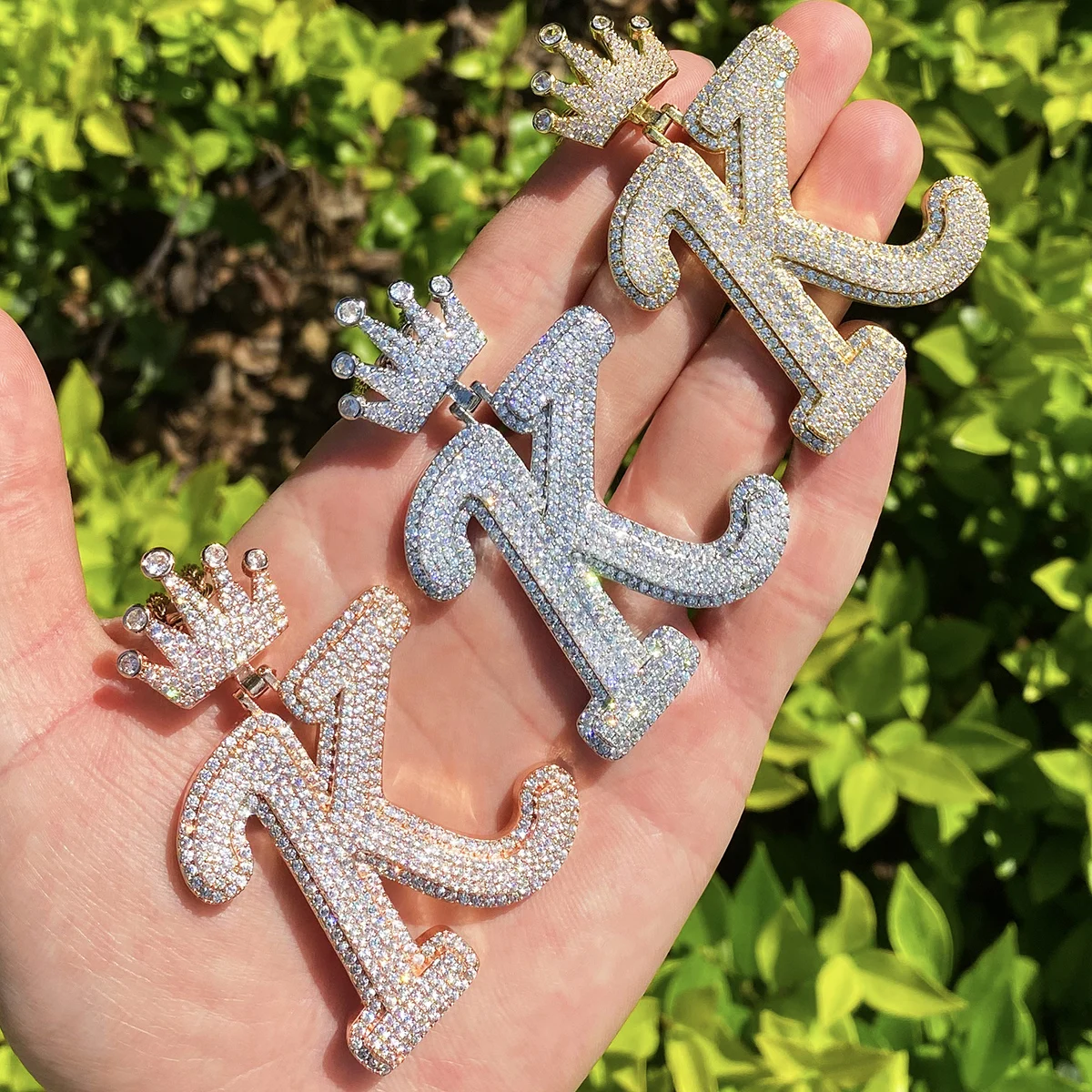 Bubble Letter Iced Out Initial Letter K Crown Bail for Men Necklace Pendant Real Gold Plated Cubic Zirconia Hip Hop Jewelry