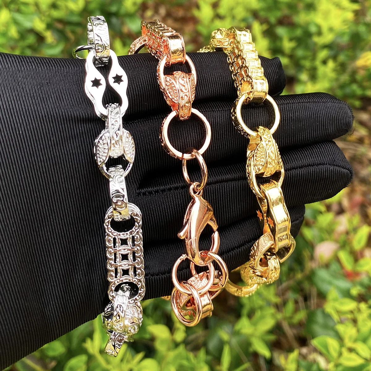 Bubble Letter Iced Out Star Bar Tulip Link Bracelet Choker for Men Real Gold Plated Cubic Zirconia Hip Hop Jewelry