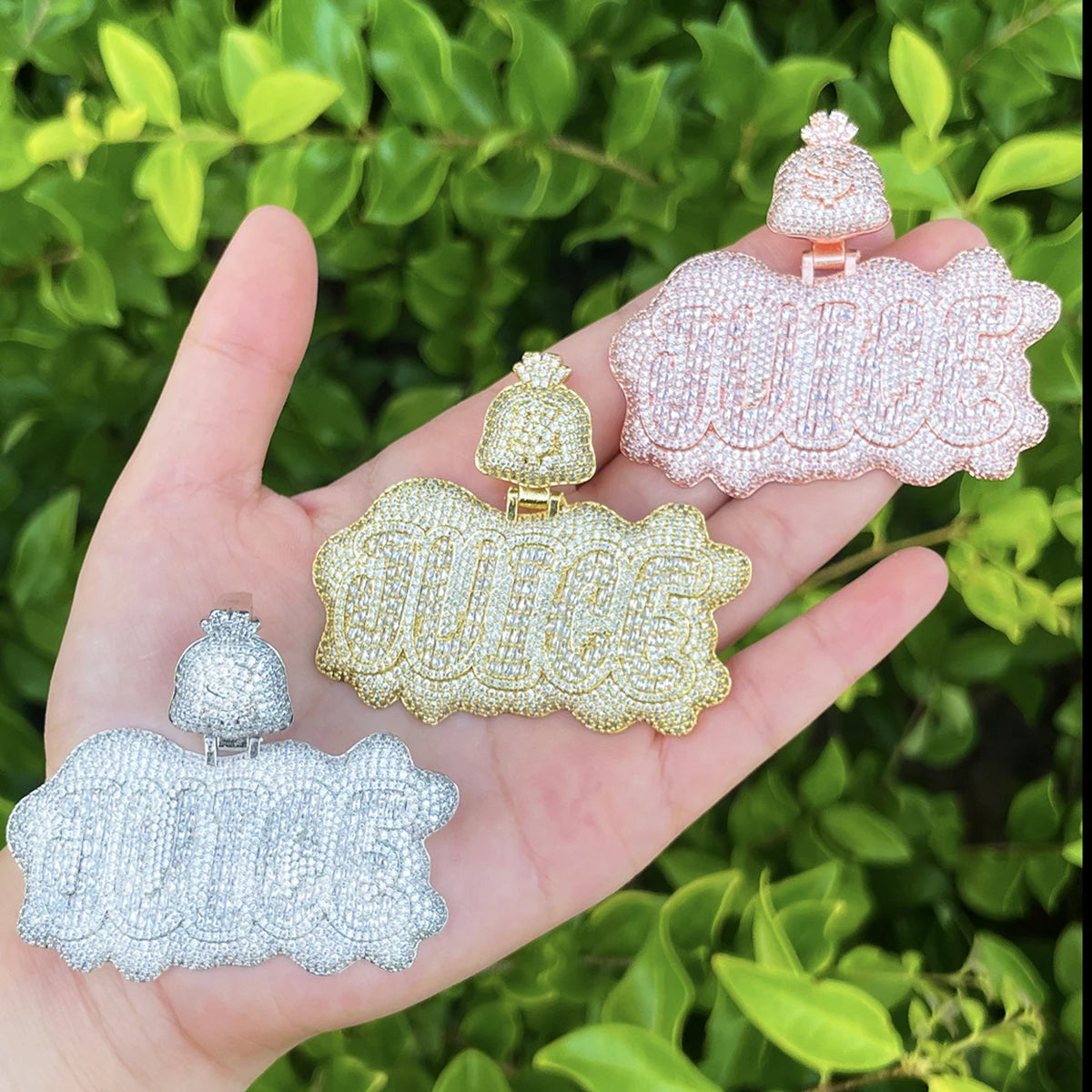 Bubble Letter Iced Out Juice Money Bag Bail Necklace Pendant for Men Real Gold Plated 5A Cubic Zirconia Hip Hop Jewelry