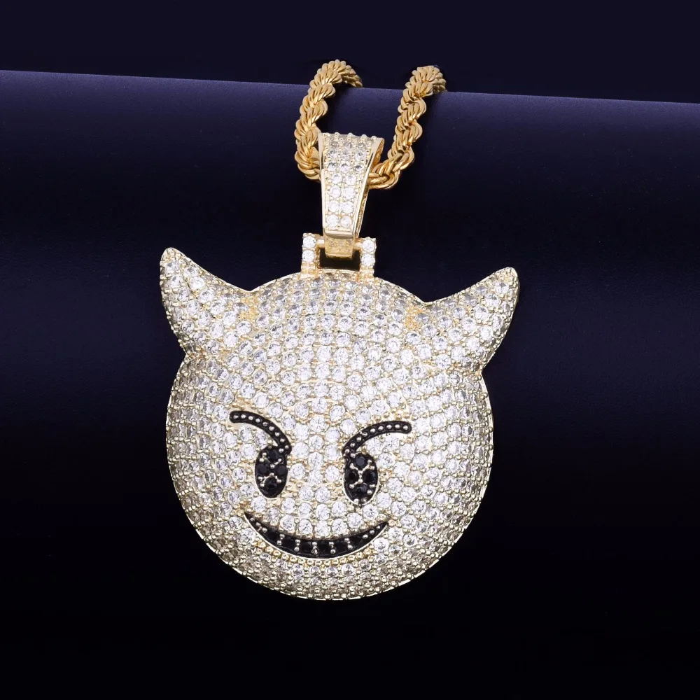 Bubble Letter Demon Evil Expression Necklace & Pendant Gold Color Plated Bling Zircon Hip Hop Rock Street Jewelry
