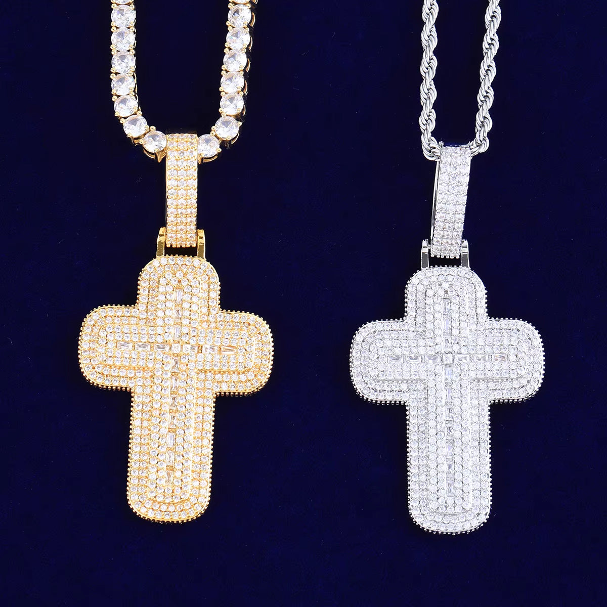 Bubble Letter Iced Out Baguette Two Layers Cross Necklace Pendant for Men Real Gold Plated Hip Hop Jewelry