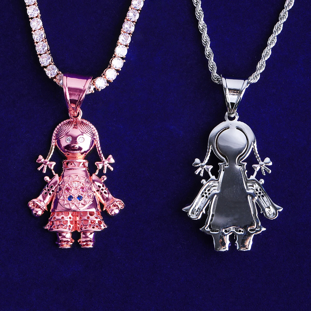 Bubble Letter Iced Out Rag Doll Necklace Pendant for Men Prong Setting 5A Cubic Zirconia Hip Hop Jewelry