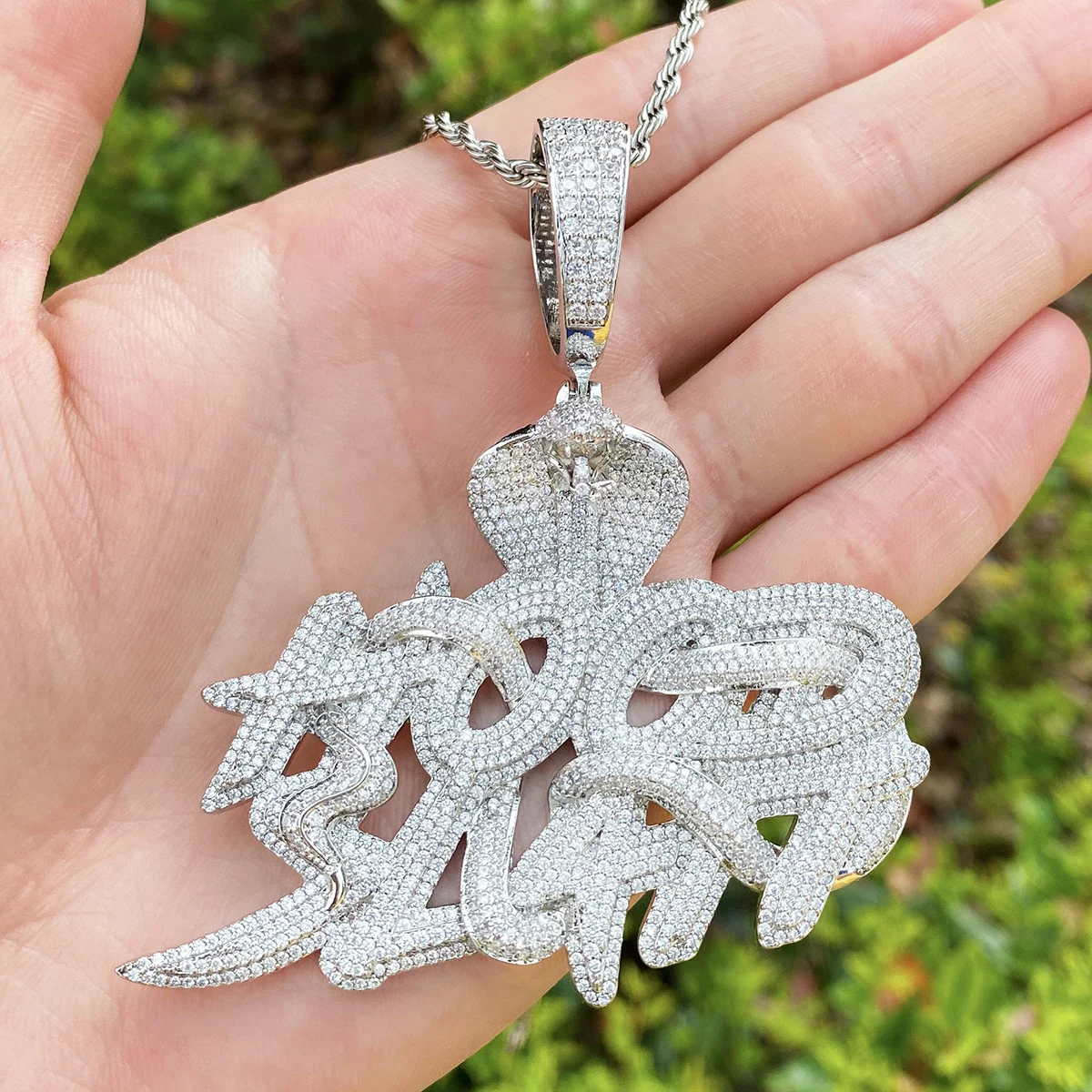 Bubble Letter Iced Out Snake Hood Hustle Necklace Pendant for Men Real Gold Plated Cubic Zirconia Hip Hop Jewelry
