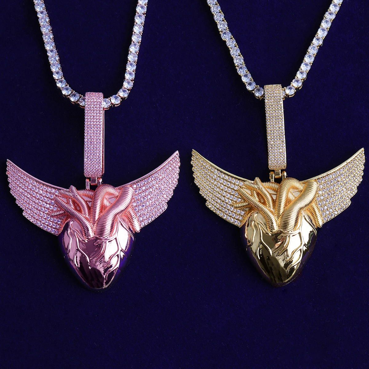 Bubble Letter Iced Out Heart Wing for Men Necklace Pendant Real Gold Plated Cubic Zirconia Hip Hop Jewelry