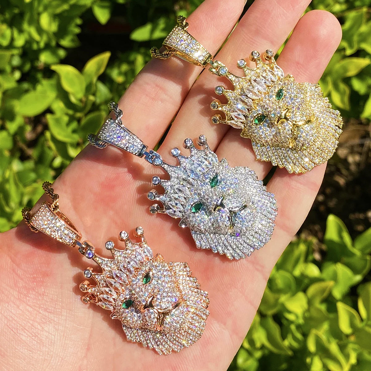 Bubble Letter Iced Out Crown Lion Green Eye Necklace Pendant for Men Real Gold Plated 5A Cubic Zirconia Hip Hop Jewelry