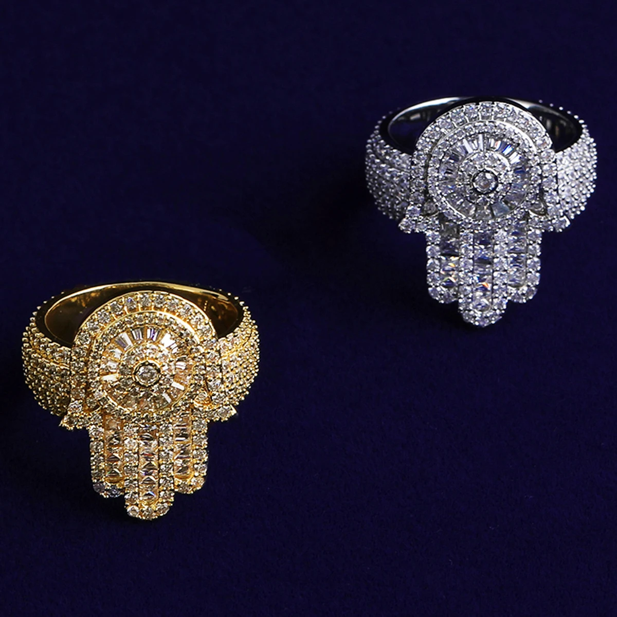 Bubble Letter Iced Out Hamsa Hand Ring for Men Real Gold Plated Cubic Zirconia Hip Hop Jewelry