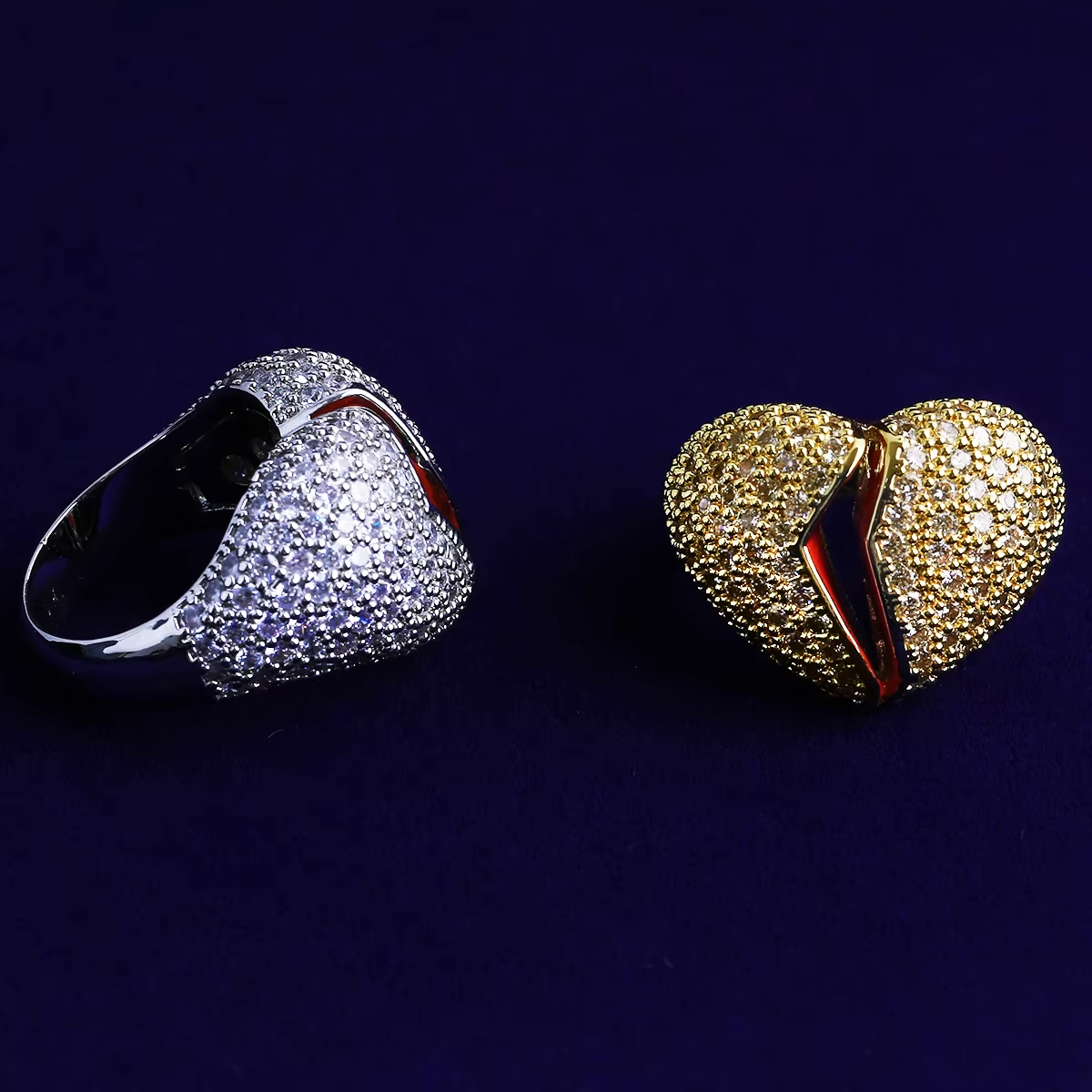 Bubble Letter Iced Out Broken Heart Ring for Men Real Gold Plated Cubic Zirconia Hip Hop Jewelry