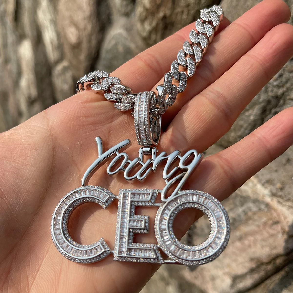 Bubble Letter Iced Out Young CEO Necklace for Men High Quality 5A Cubic Zirconia Real Gold Plated Hip Hop Jewelry