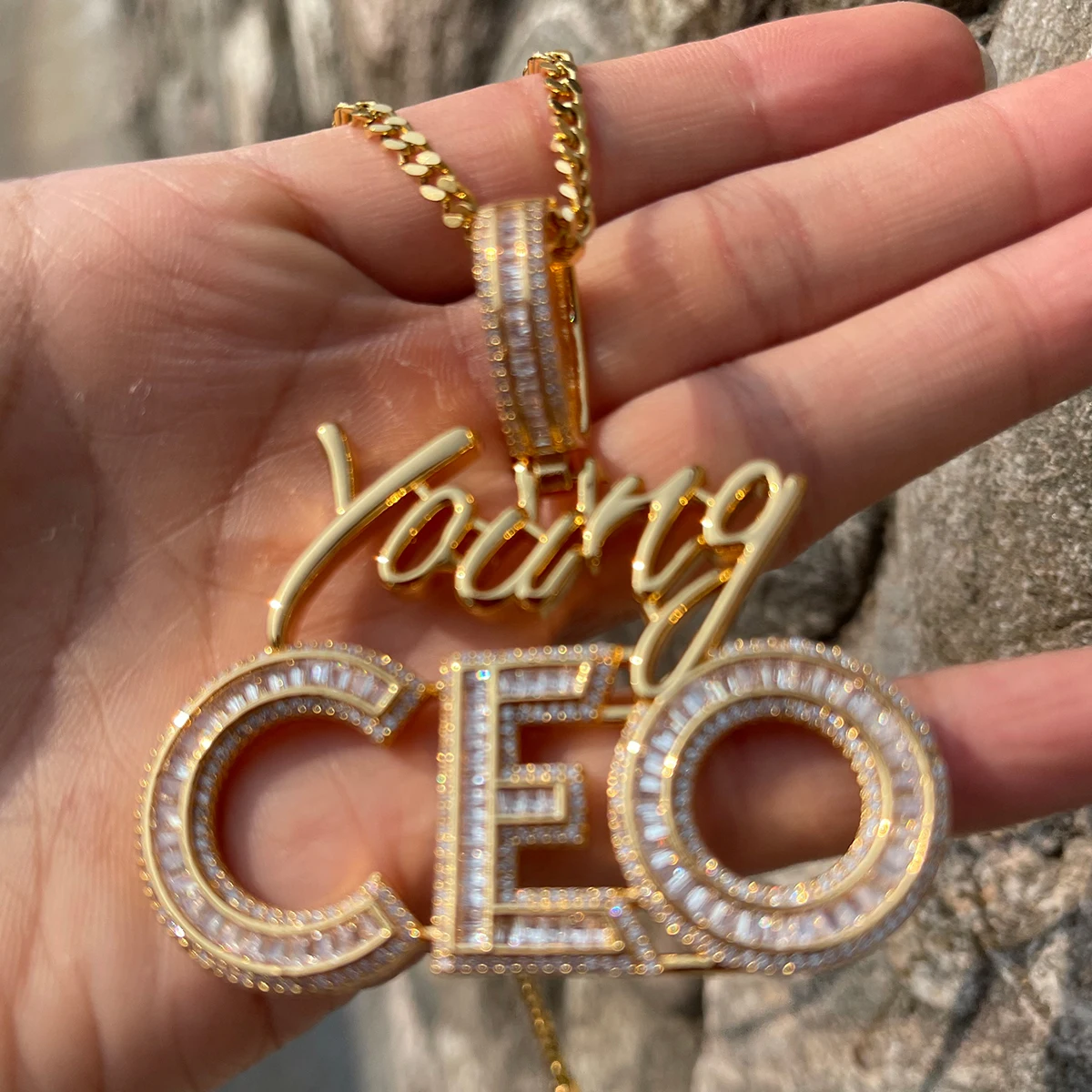 Bubble Letter Iced Out Young CEO Necklace for Men High Quality 5A Cubic Zirconia Real Gold Plated Hip Hop Jewelry