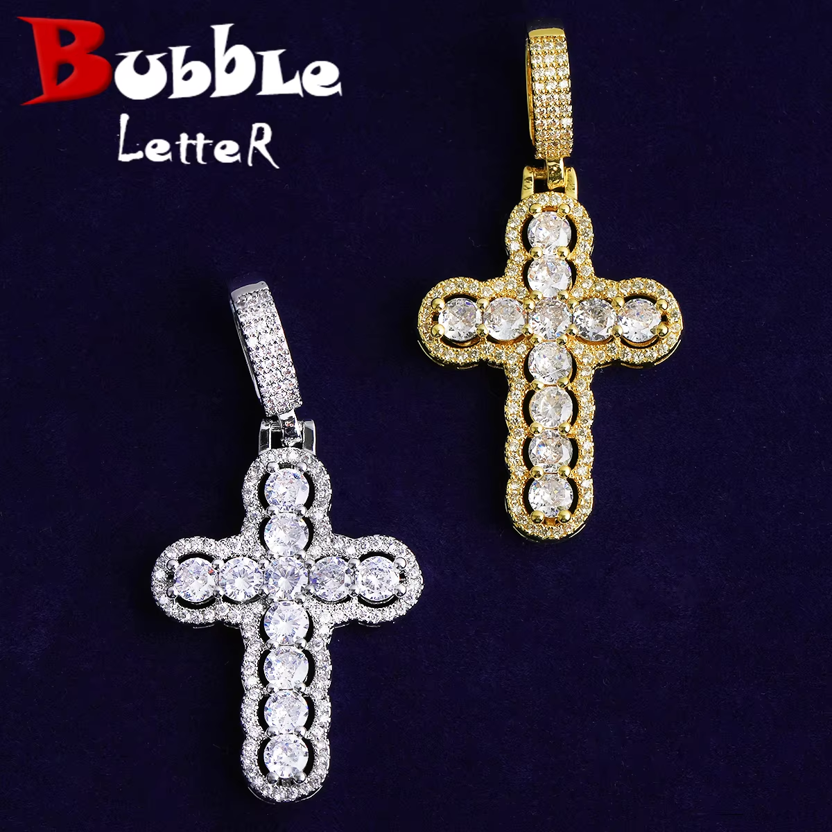 Bubble Letter Iced Out Hollow Cross Necklace Pendant for Men Real Gold Plated 5A Cubic Zirconia Hip Hop Jewelry