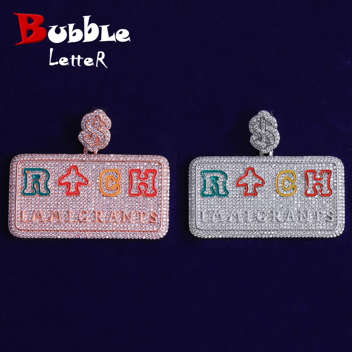 Bubble Letter Iced Out Rich Immigrant Necklace Pendant for Men Real Gold Plated Cubic Zirconia Hip Hop Jewelry