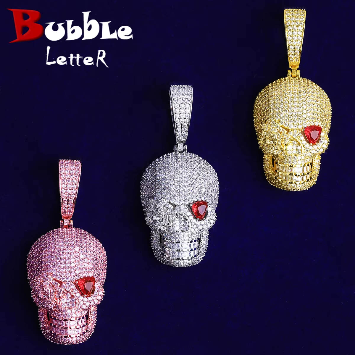 Bubble Letter Iced Out Rose Flower Red Eye Skull Necklace Pendant for Men Prong Setting 5A Cubic Zirconia Hip Hop Jewelry