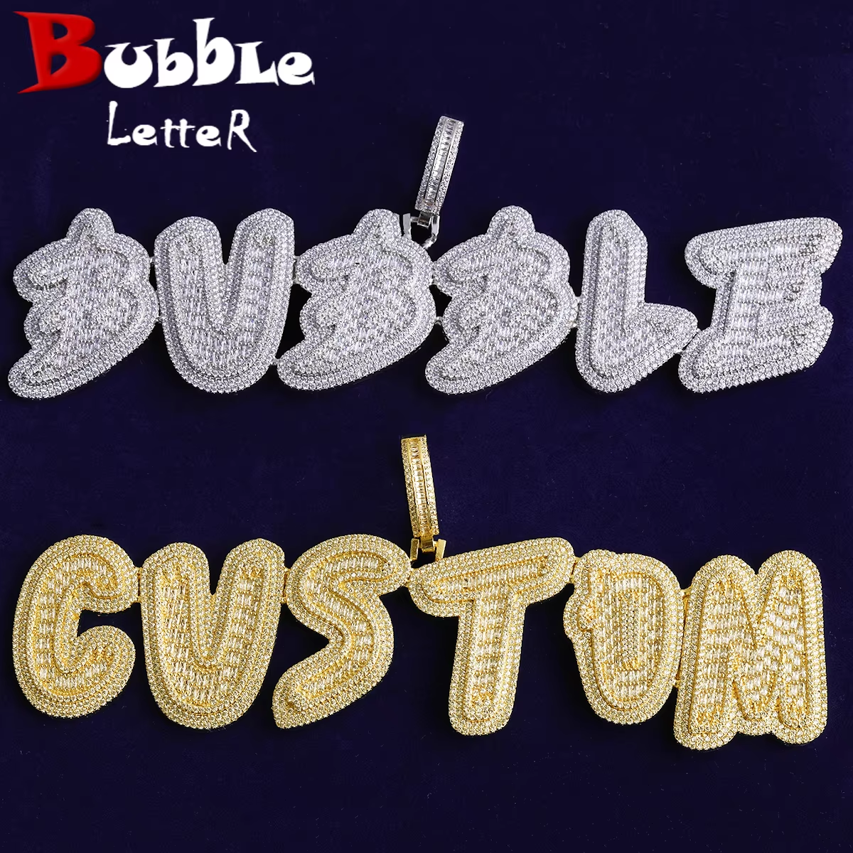 Bubble Letter Name Necklace Pendant Baguette Custom Chains Iced Out Cubic Zirconia Paved Setting Personalized Hip Hop Jewelry