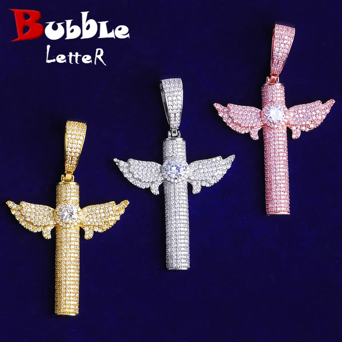 Bubble Letter Iced Out Wing Cross Necklace Pendant for Men Prong Setting 5A Cubic Zirconia Hip Hop Jewelry