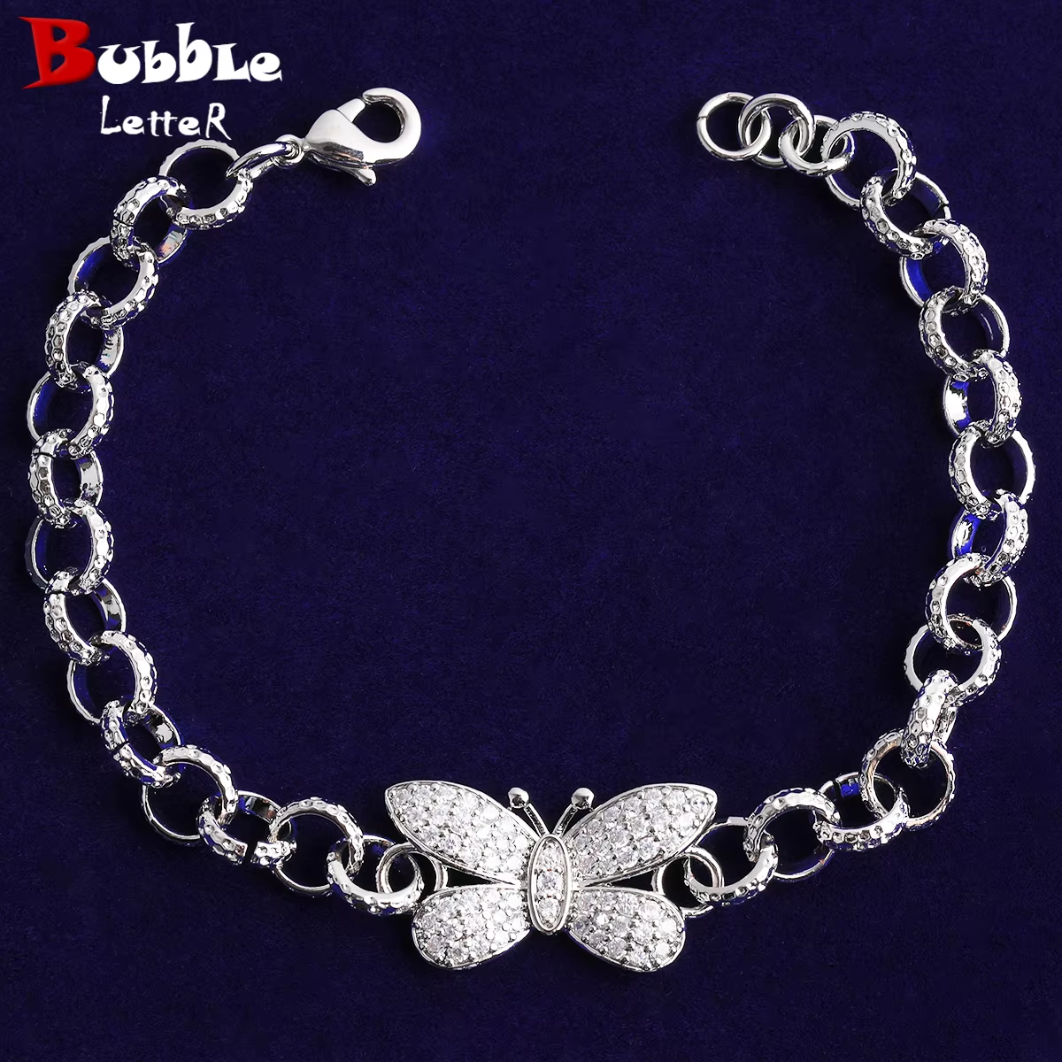 Bubble Letter Iced Out Ring Link Bracelet Butterfly for Women Real Gold Plated 5A Grade Hip Hop Jewelry