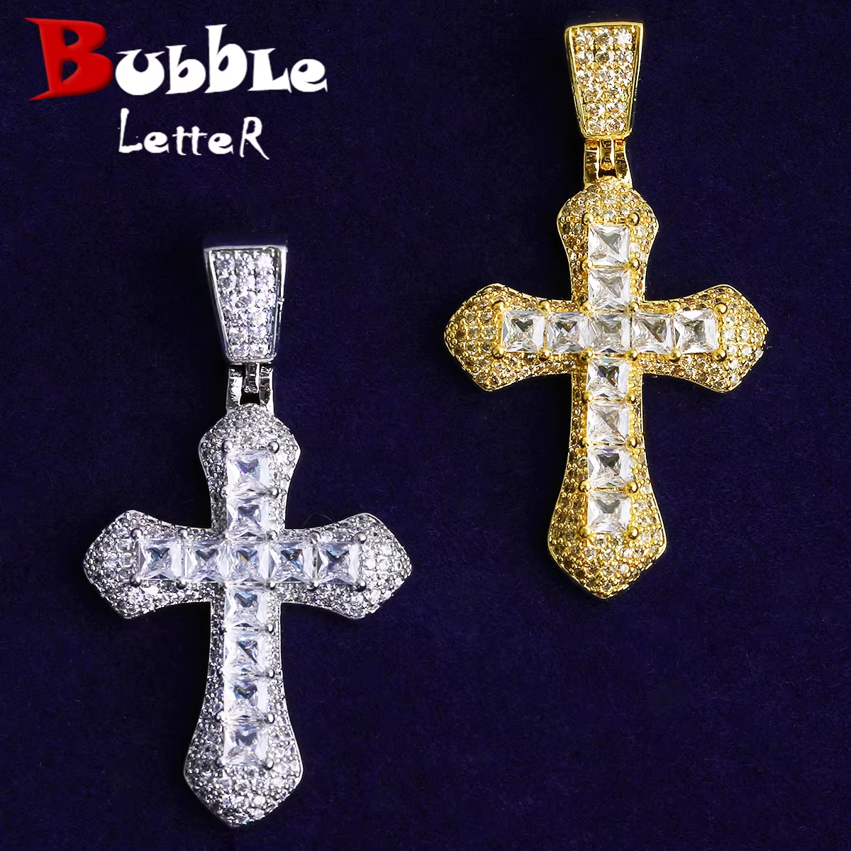 Bubble Letter Iced Out Small Baguette Cross Necklace Pendant for Men Real Gold Plated 5A Cubic Zirconia Hip Hop Jewelry