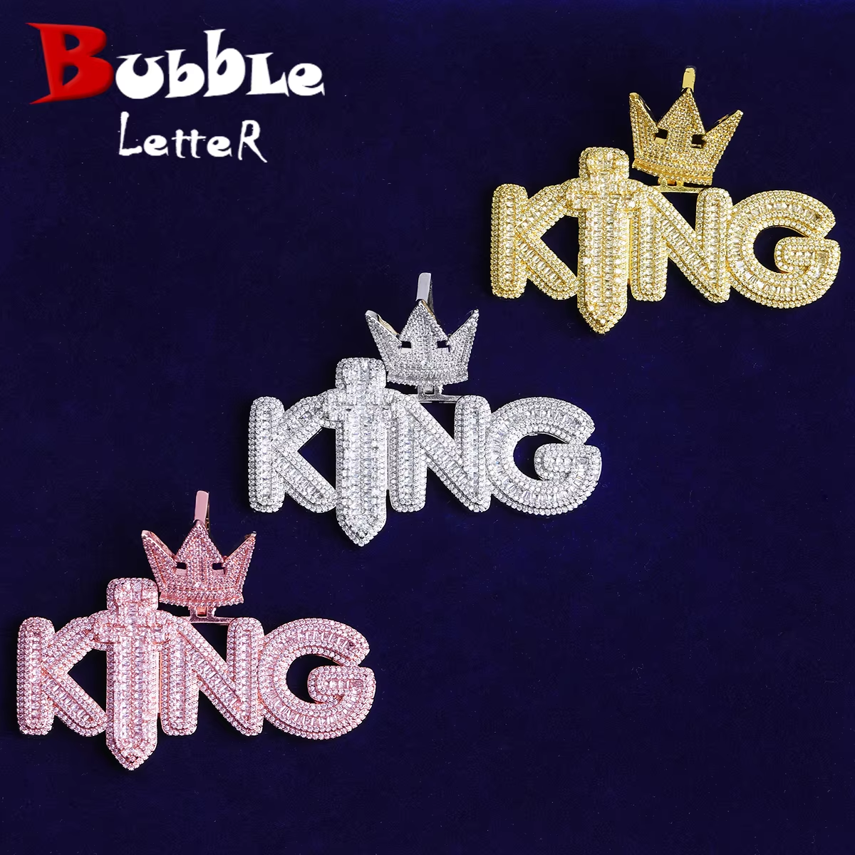 Bubble Letter Iced Out King Sword Crown Bail Necklace Pendant for Men Prong Setting 5A Cubic Zirconia Hip Hop Jewelry