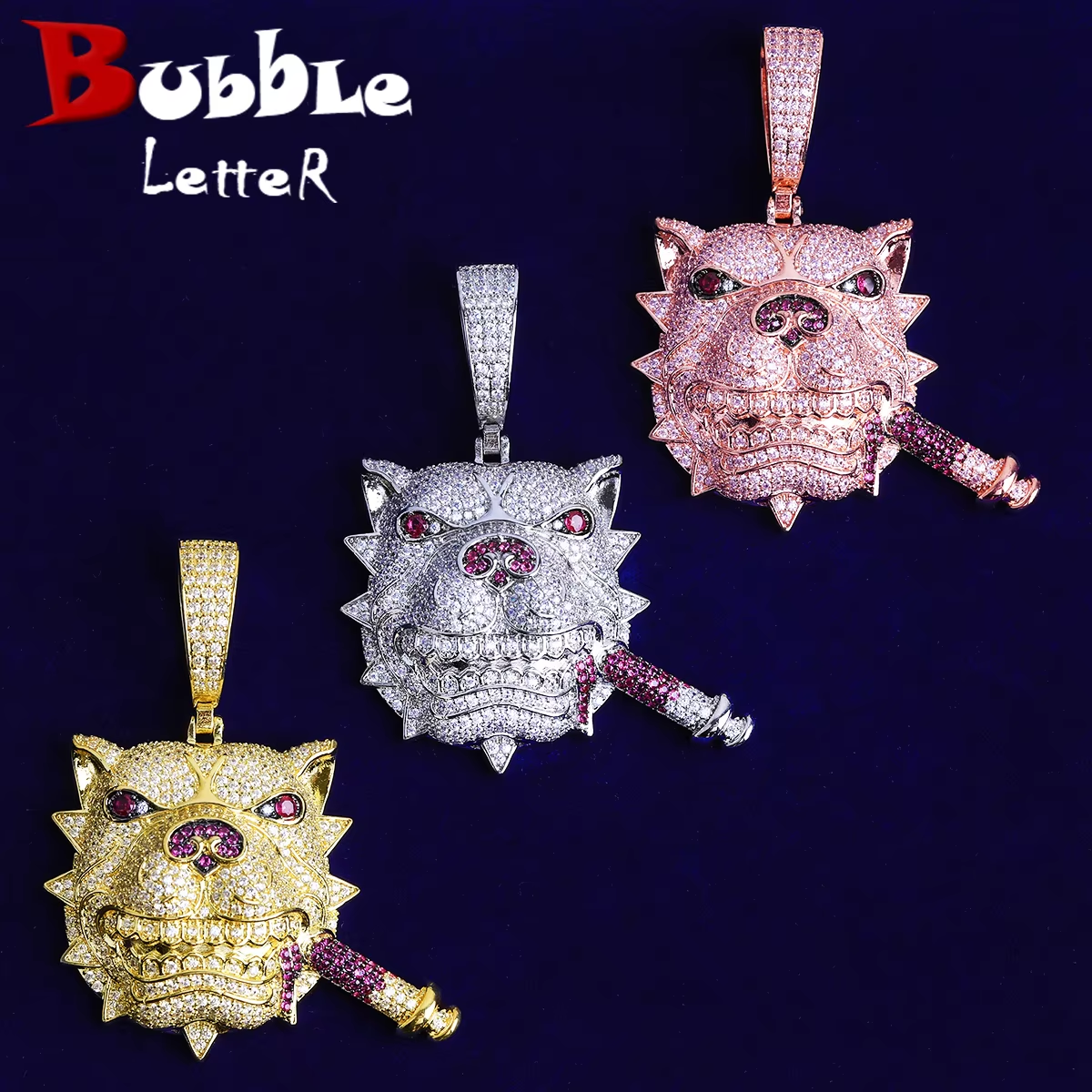 Bubble Letter Iced Out Dog Head Cigar Necklace Pendant for Men Prong Setting 5A Cubic Zirconia Hip Hop Jewelry