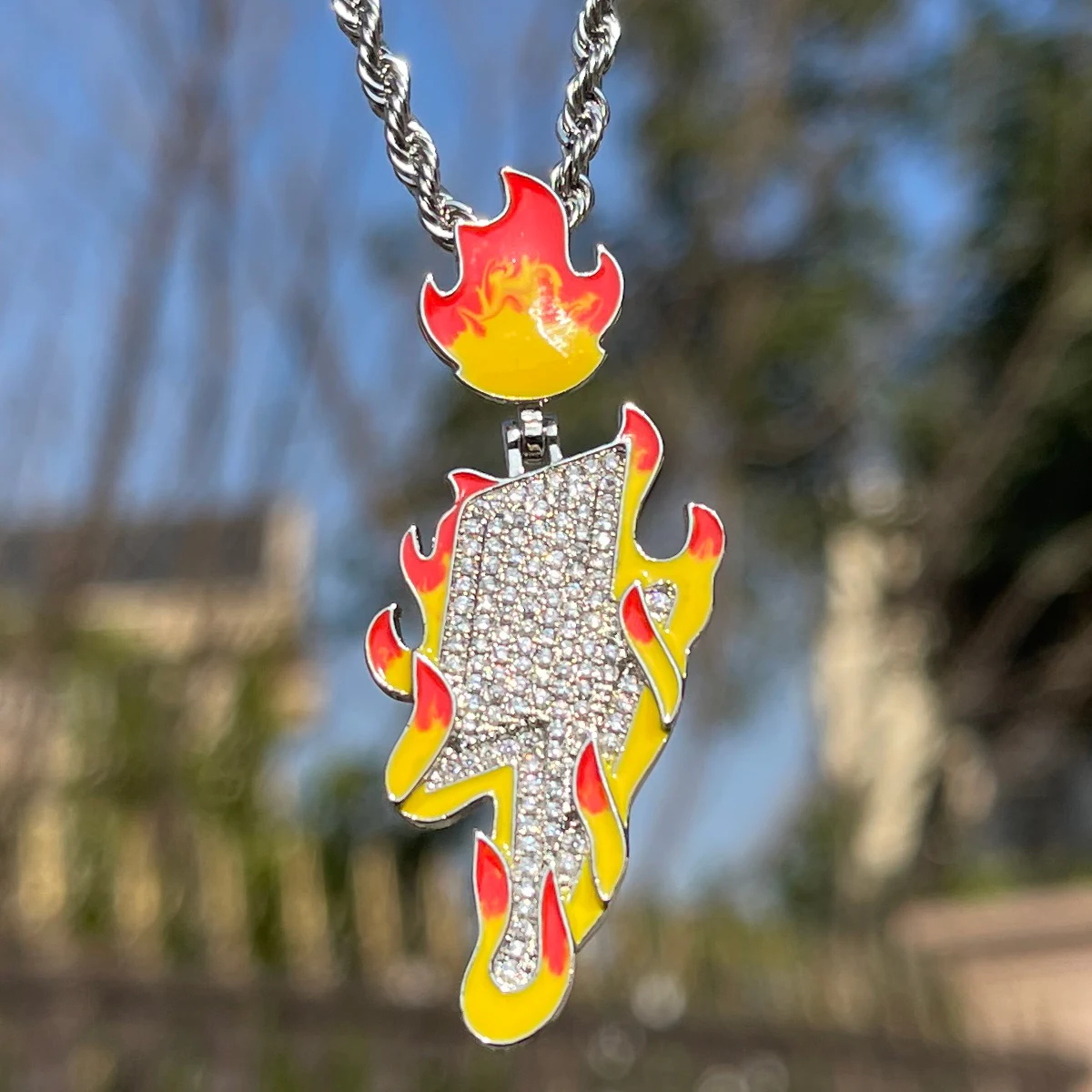 Bubble Letter Snow Fire Lightning Pendant for Men Dripping Oil Prong Setting Necklace Hip Hop Jewelry
