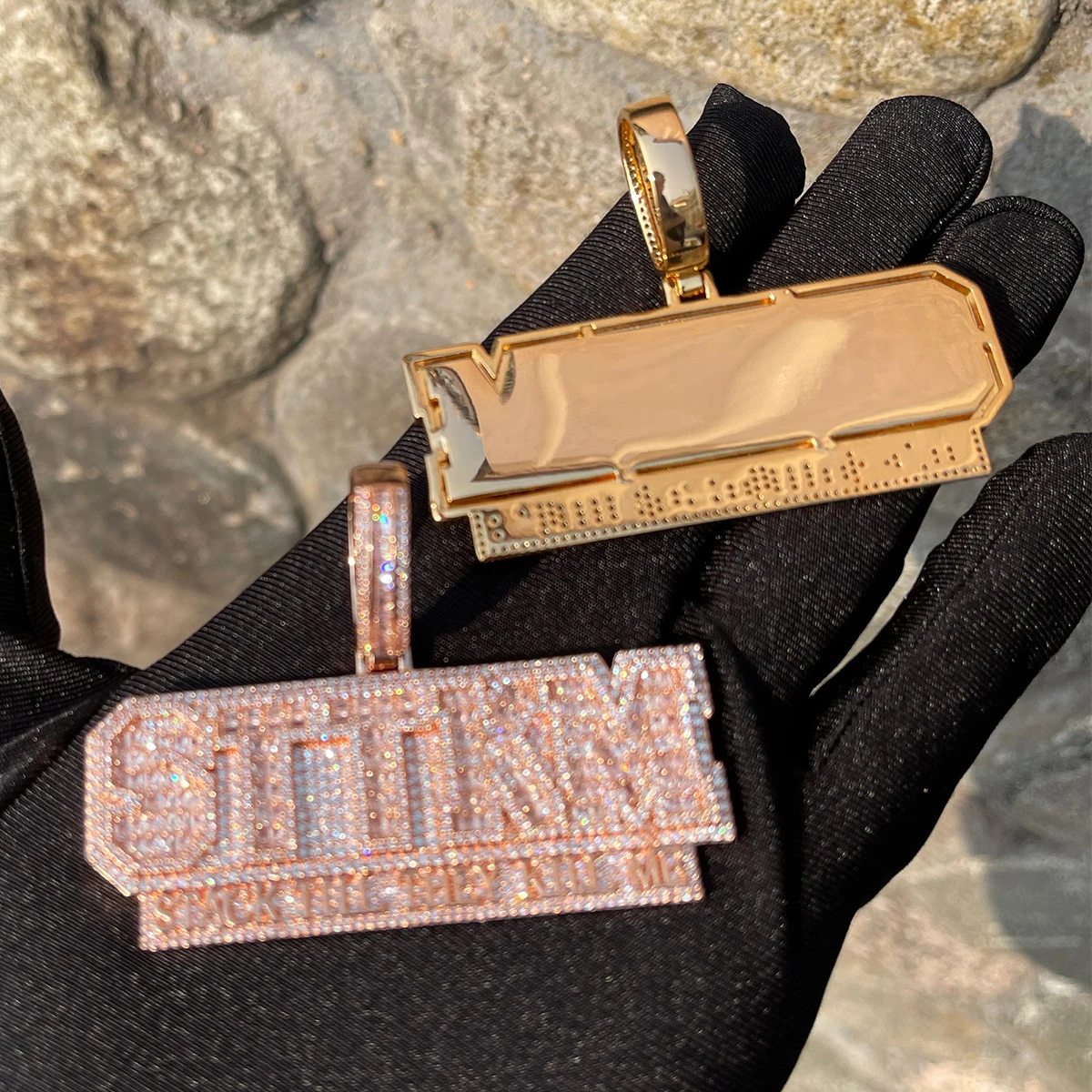 Bubble Letter Iced Out Necklace for Men Stack Till They Kill Me Pendant 5A Cubic Ziconia Real Gold Plated Hip Hop Jewelry