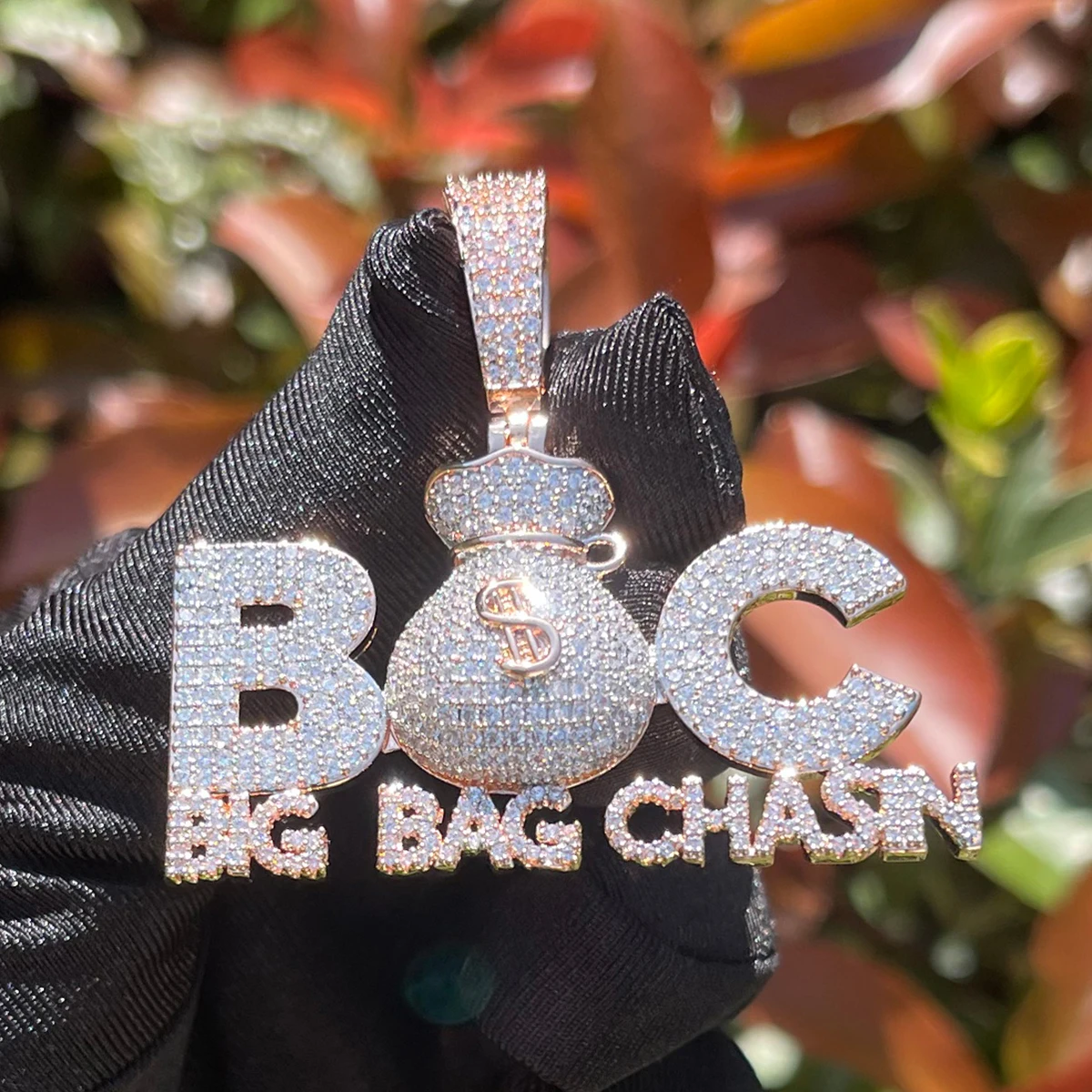 Bubble Letter Prong Necklace for Men Iced Out Pendant Big Bag Chase Charms Hip Hop Jewelry