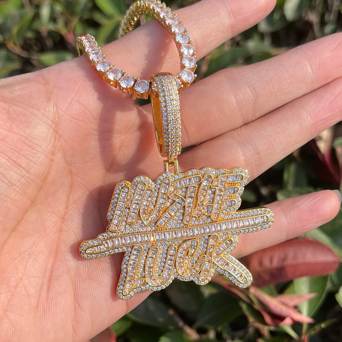 Bubble Letter Iced Out Hustle Luck Necklace Pendant for Men Real Gold Plated Cubic Zirconia Hip Hop Jewelry