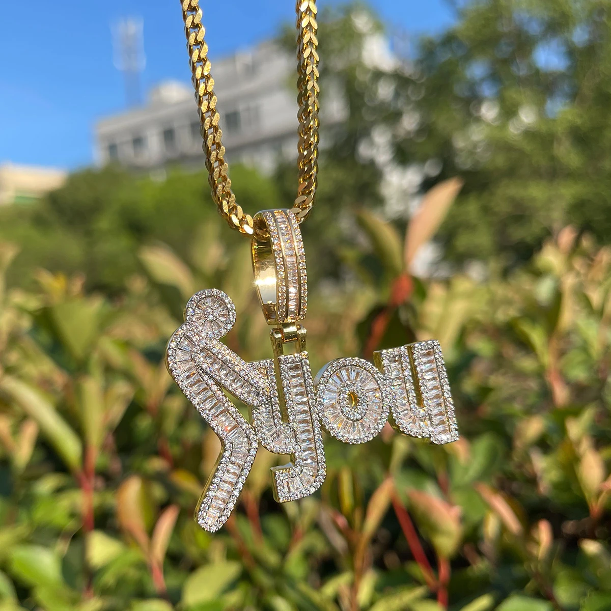 Bubble Letter Iced Out Necklace for Men Baguette Prong Setting Pendants Real Copper Cubic Zirconia Hip Hop Jewelry