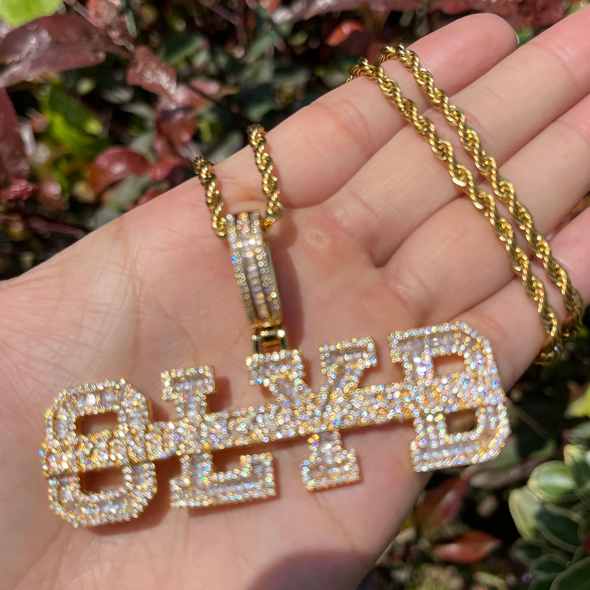 Bubble Letter Iced Out Necklace for Men Prong Setting Pendant Real Gold Plated Hip Hop Jewelry