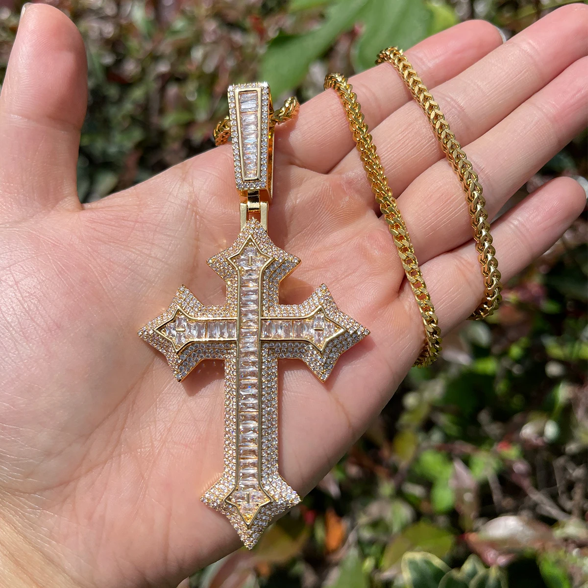 Bubble Letter Iced Out Cross Necklace for Men Prong Setting Real Copper Cubic Zirconia Hip Hop Jewelry Dropshipping Items