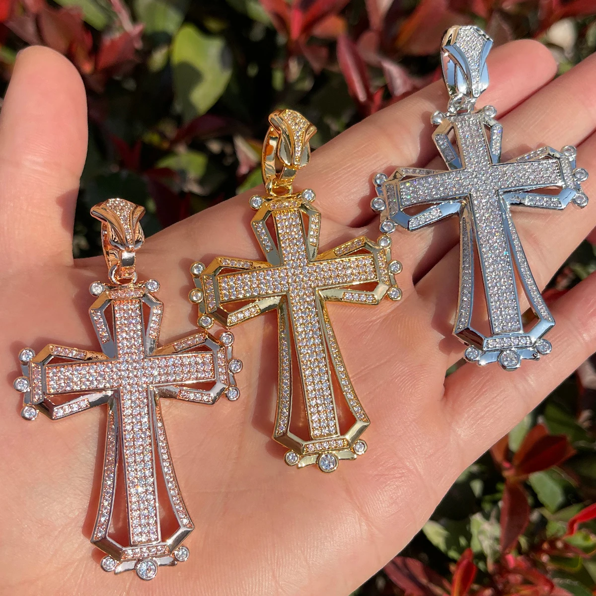 Bubble Letter Iced Out Cross for Men Cubic Zirconia Prong Setting Hollow Shape Real Gold Plated Hip Hop Jewelry 2023 Trend