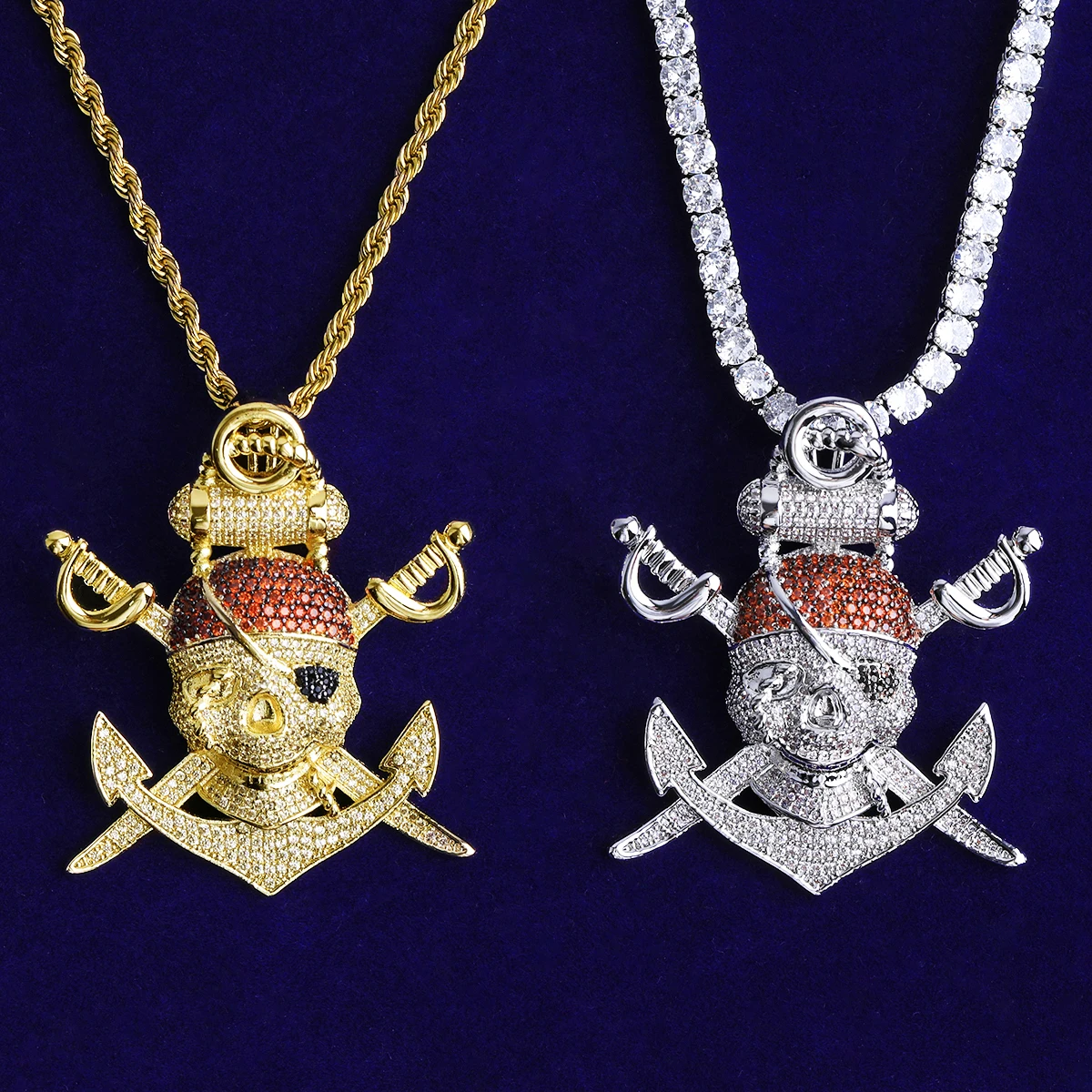 Bubble Letter Iced Out Pirate Anchor Necklace Pendant for Men Prong Setting 5A Cubic Zirconia Hip Hop Jewelry