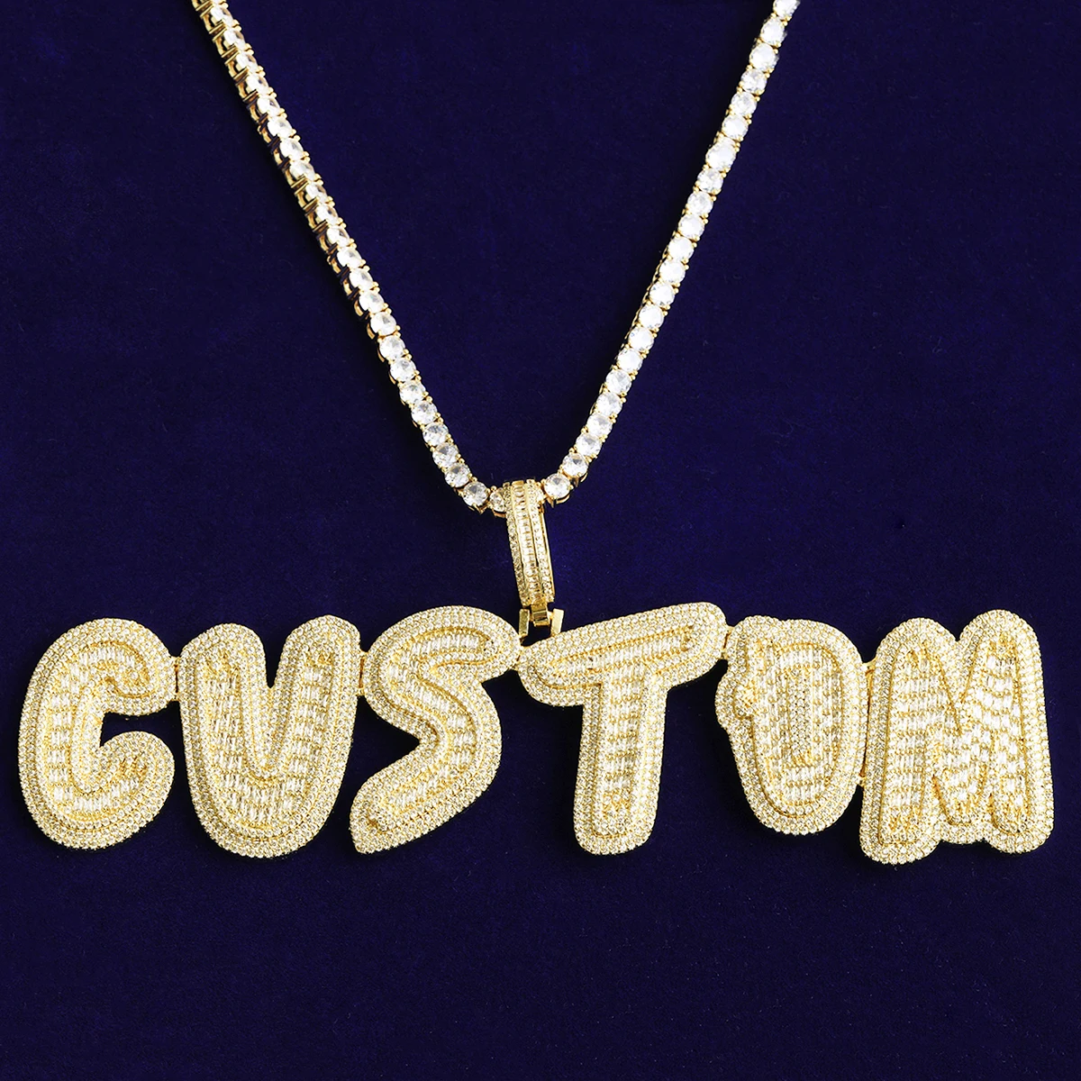 Bubble Letter Name Necklace Pendant Baguette Custom Chains Iced Out Cubic Zirconia Paved Setting Personalized Hip Hop Jewelry