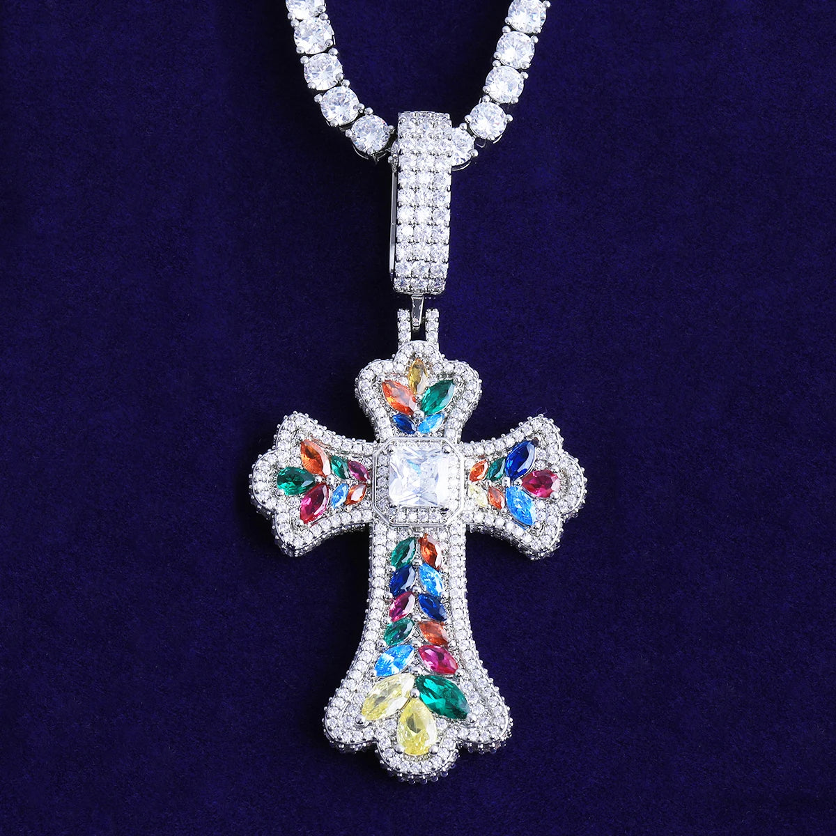 Bubble Letter Iced Out Colorful Cubic Zirconia Cross Necklace Pendant for Men Real Gold Plated 5A Grade Hip Hop Jewelry