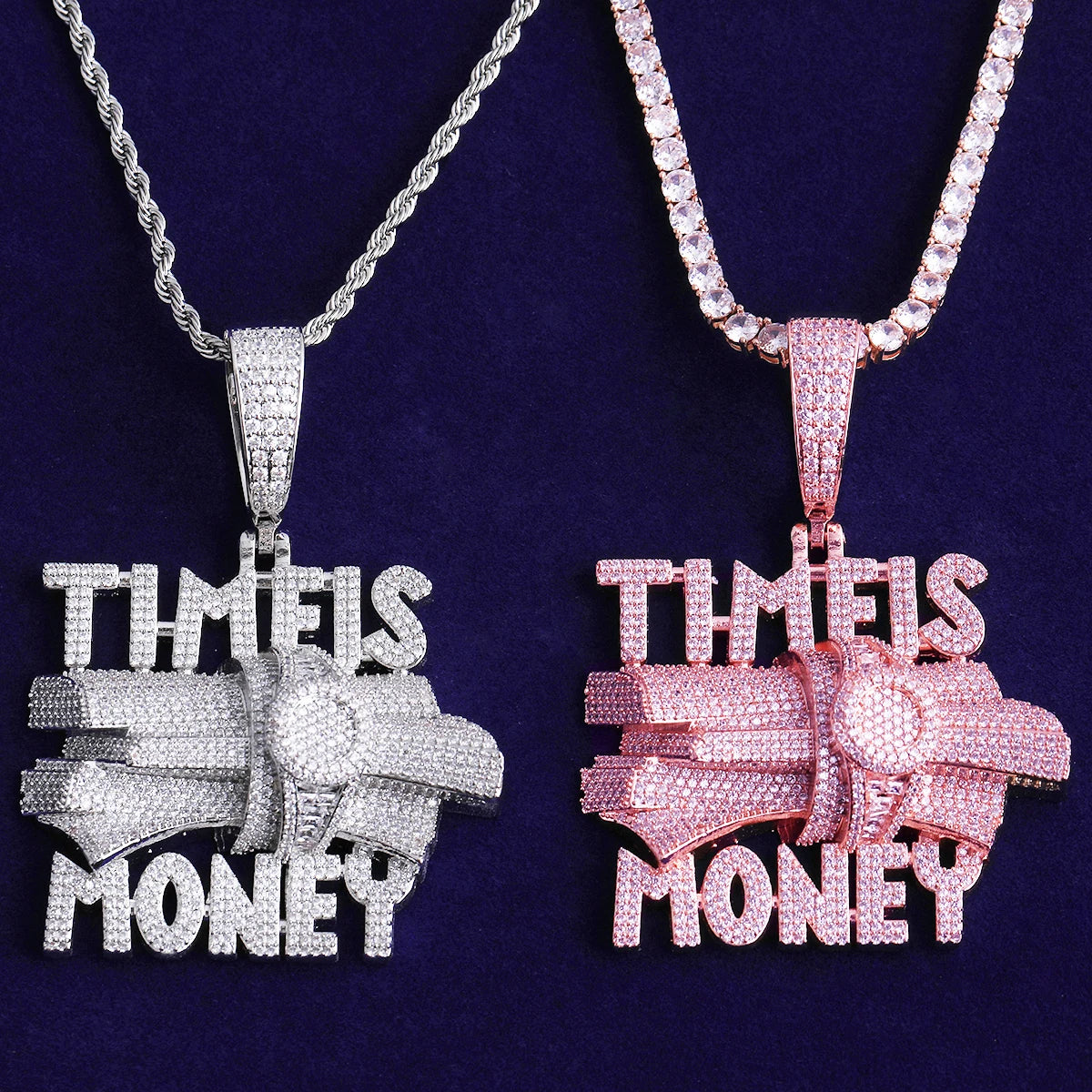 Bubble Letter Iced Out Time is Money Necklace Pendant for Men Prong Setting Real Gold Plated Hip Hop Jewelry