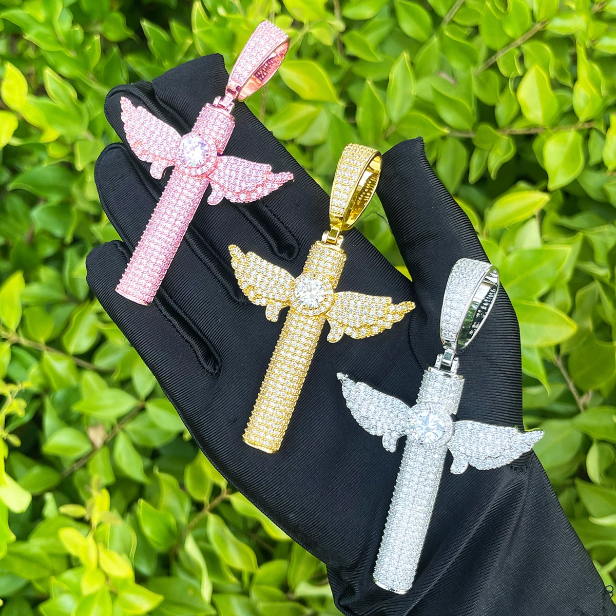 Bubble Letter Iced Out Wing Cross Necklace Pendant for Men Prong Setting 5A Cubic Zirconia Hip Hop Jewelry