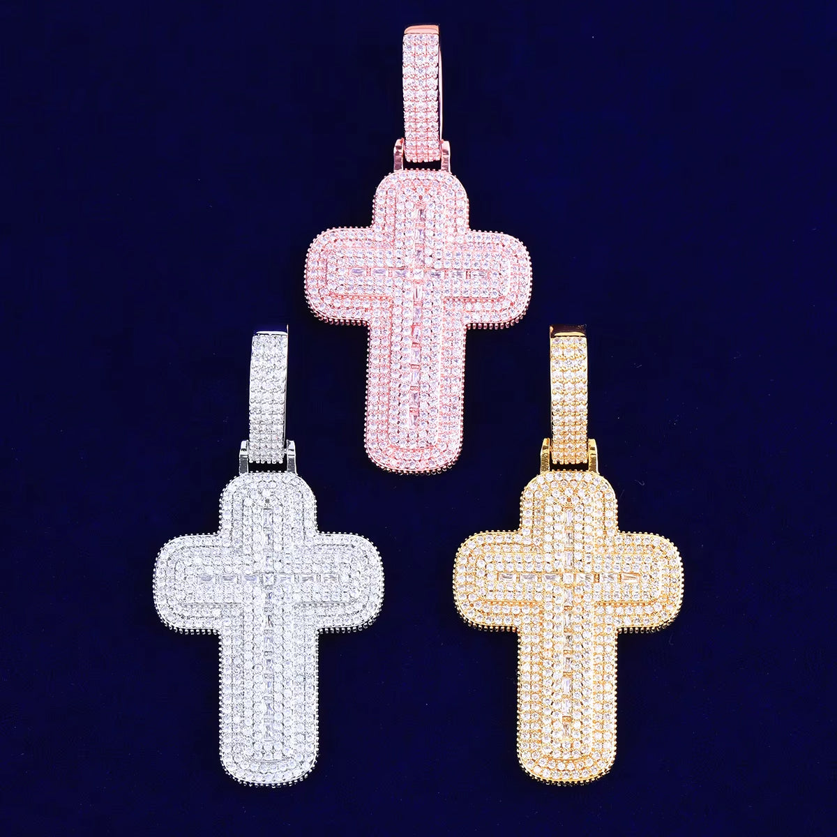 Bubble Letter Iced Out Baguette Two Layers Cross Necklace Pendant for Men Real Gold Plated Hip Hop Jewelry