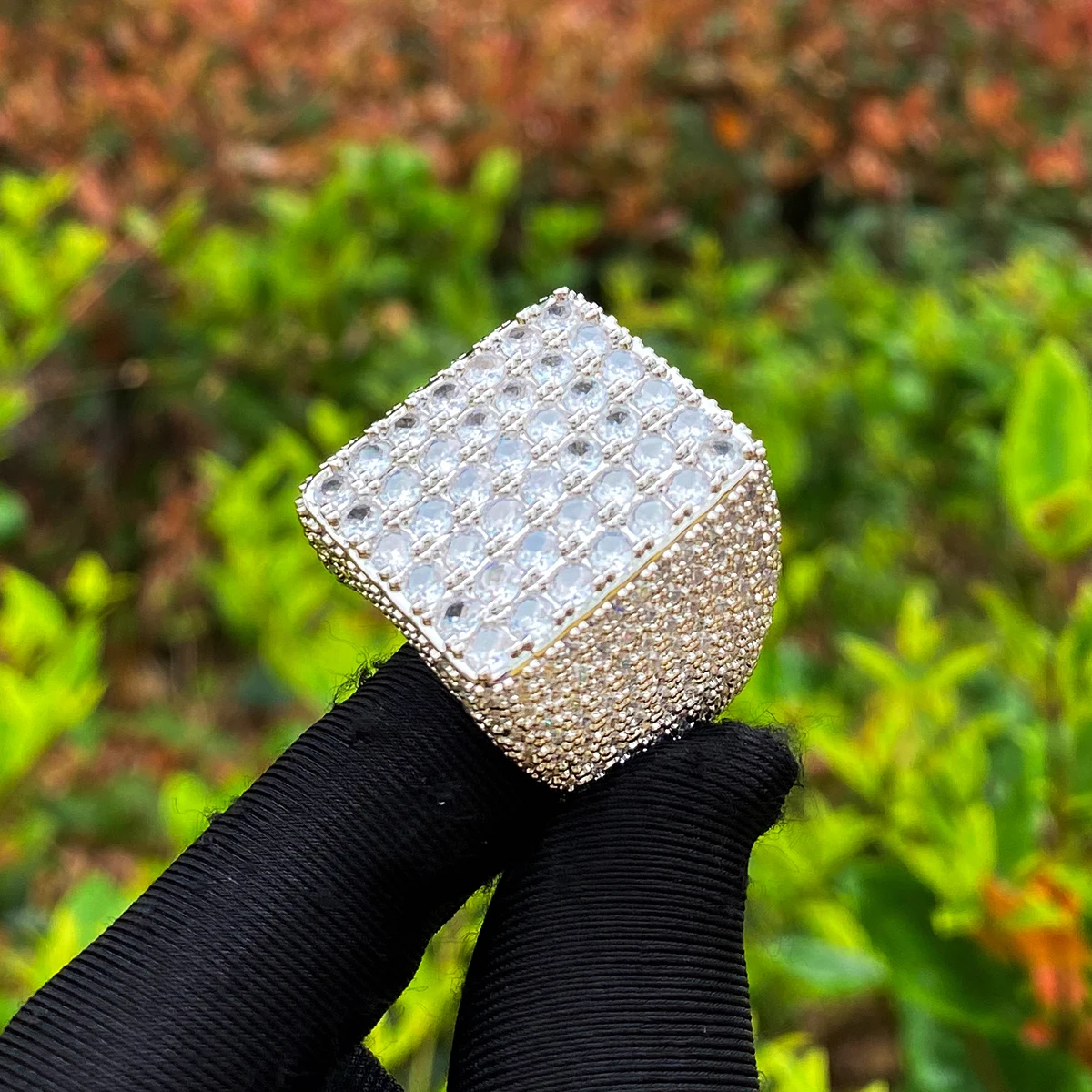 Bubble Letter Iced Out Square Ring for Men Real Gold Plated Cubic Zirconia Hip Hop Jewelry