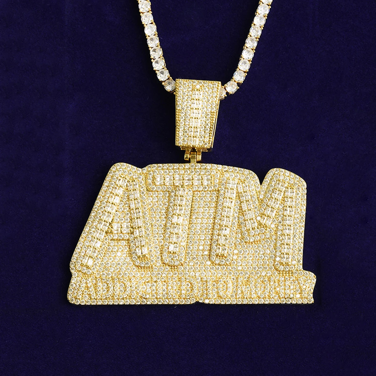 Bubble Letter Iced Out ATM Addicted to Money Necklace Pendant for Men Real Gold Plated 5A Cubic Zirconia Hip Hop Jewelry