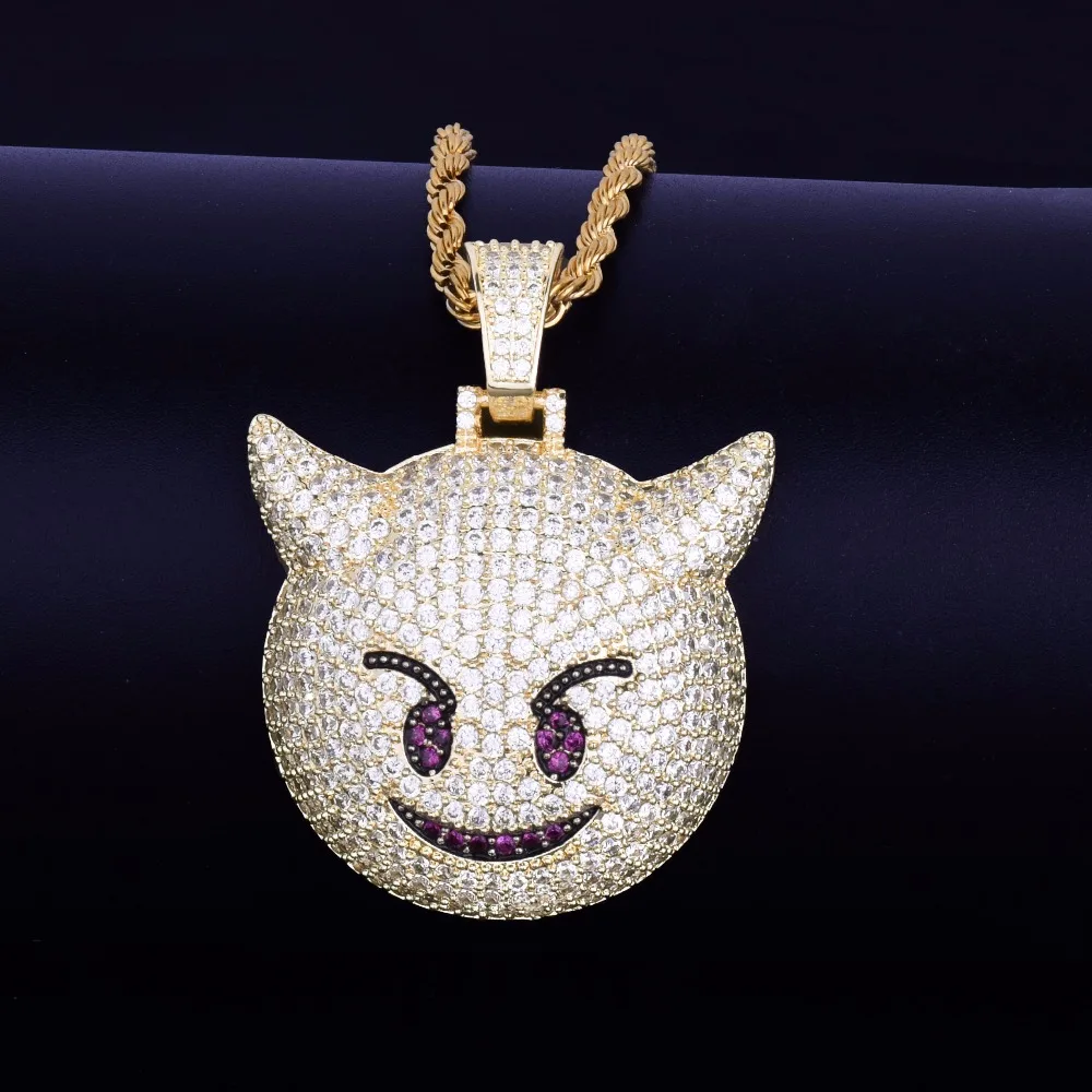 Bubble Letter Demon Evil Expression Necklace & Pendant Gold Color Plated Bling Zircon Hip Hop Rock Street Jewelry