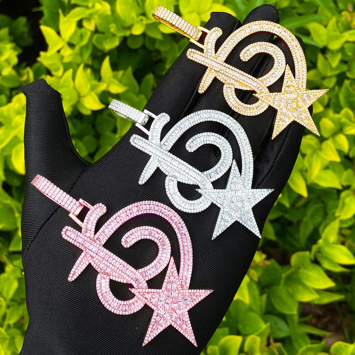 Bubble Letter Iced Out JG Star Necklace Pendant for Men Real Gold Plated Cubic Zirconia Hip Hop Jewelry