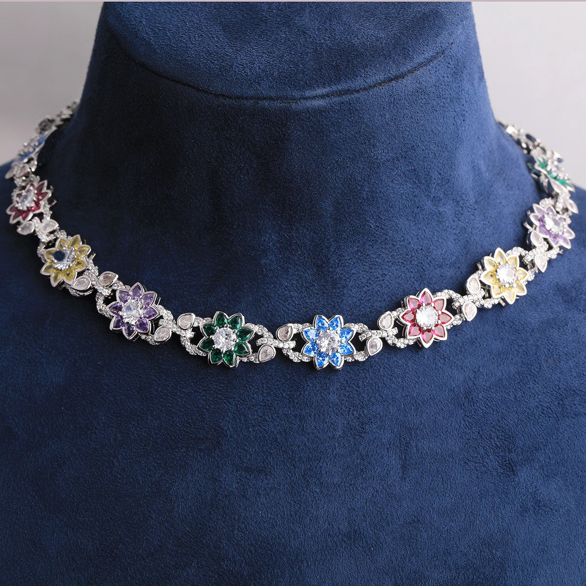 Bubble Letter Iced Out Colorful Flower leaves Necklace Choker for Women Prong Setting Real Gold Plated Hip Hop Jewelry