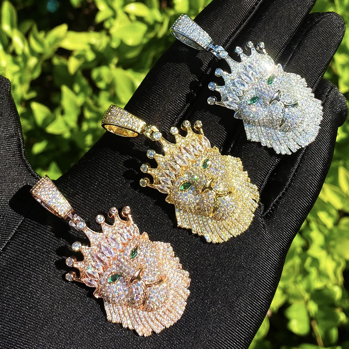 Bubble Letter Iced Out Crown Lion Green Eye Necklace Pendant for Men Real Gold Plated 5A Cubic Zirconia Hip Hop Jewelry